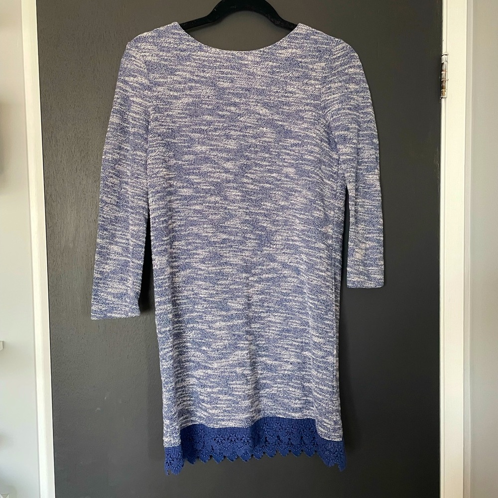 Springfield Blue Knit Shift Dress with Appliqué Trim - Size Small.
